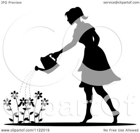 Clipart Of A Silhouetted Woman Watering A Flower Garden Royalty Free Vector Illustration By