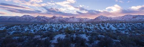 Panorama Snow On Red Rock Canyon National Park Sunset Stock Photo