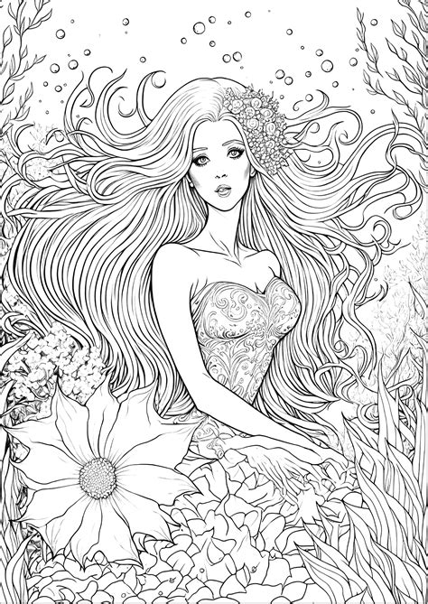 A Beautiful Mermaid With Long Hair And Flowers In Her Hand Surrounded
