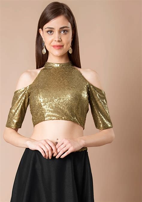 Buy Women Cold Shoulder Sequin Crop Top Gold Festive Indya