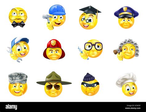 A Set Of Emoji Emoticon Cartoon Character Face Icons Of Different Jobs
