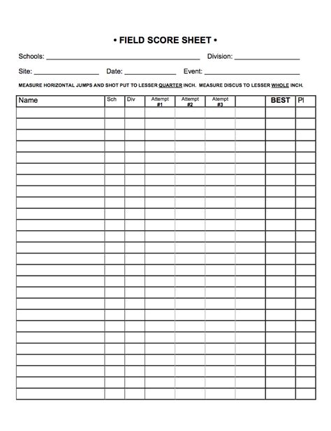 Printable Track And Field Event Score Sheets