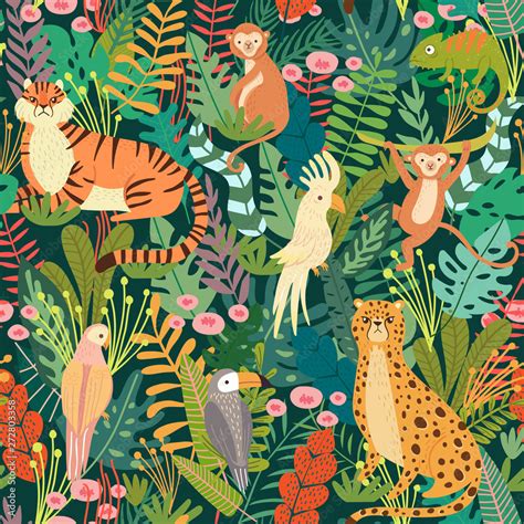 Vecteur Stock Seamless Pattern With Tropical Animals And Bird In Jungle