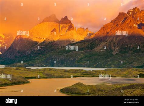 Cuernos Del Paine Mountain Peaks At Sunrise Torres Del Paine National