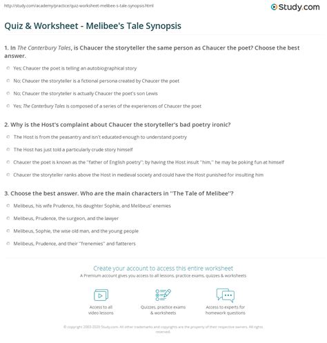 Quiz And Worksheet Melibees Tale Synopsis