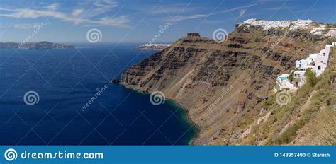 View From Fira Village To Caldera Sea At Santorini Island Greece Stock