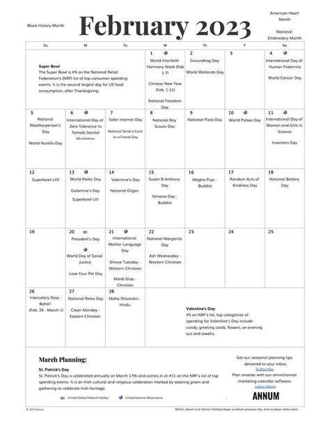 February 2023 Printable Calendar With Holidays Holiday Calendar Event