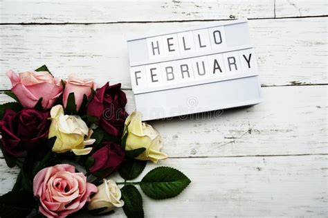 Hello February Word On Light Box With Roses Flower Bouquet On Wooden