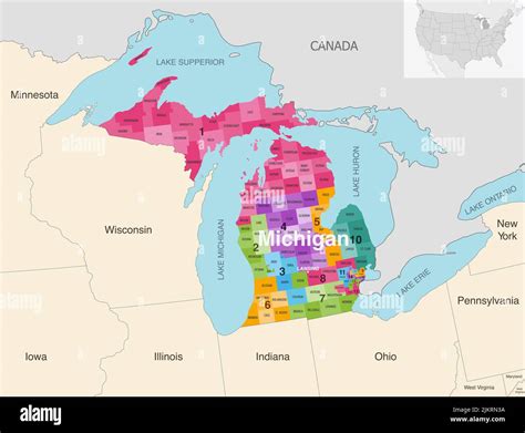 Michigan State Counties Colored By Congressional Districts Vector Map