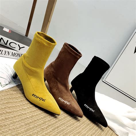 Ins Style Pointy Toe Sock Boots Knitted Stretch High Heels Women Boots 2019 Brand Fashion Ankle