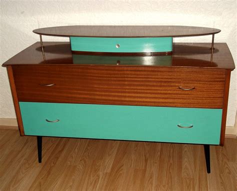Retro Vintage Atomic 50s Teak Veneer Sideboard Dresser In Aqua Blue And Wood Mid Century Modern