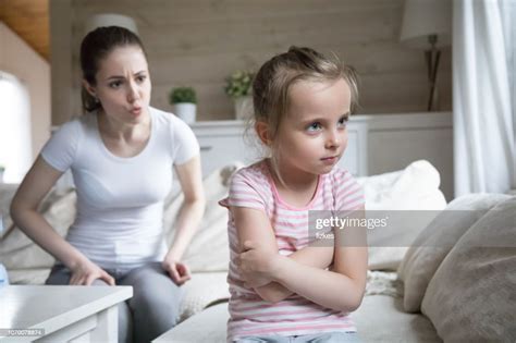 Angry Mother Scolding Little Sad Preschool Daughter High Res Stock