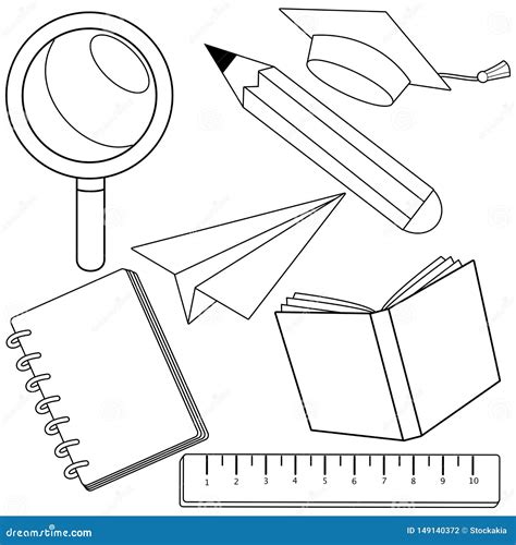 School Supplies Vector Black And White Coloring Page Stock Vector