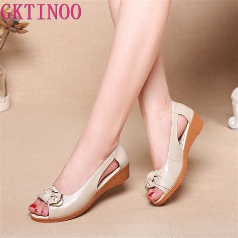 Gktinoo Genuine Leather Sandals Women Flats Solid Casual Women Shoes