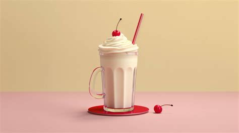 Creamy Vanilla Milkshake With A Cherry On Top And A Striped Straw