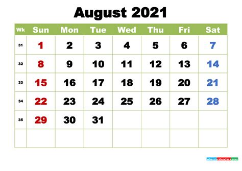 Free August 2021 Printable Calendar With Holidays