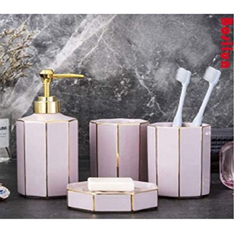 Wpm 4 Piece Ceramic Bathroom Accessories Set Blush Rose Pink Gold