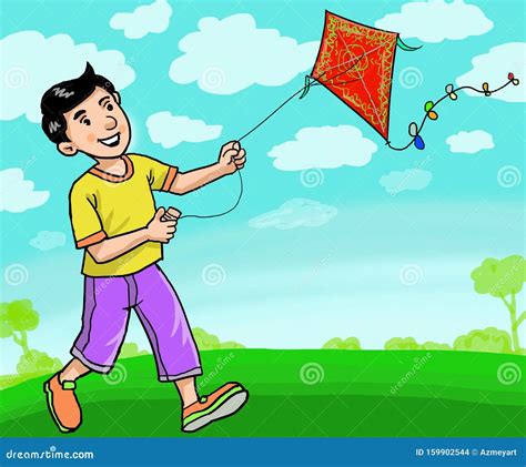 Happy Kid Play Kite In The Field Near Park Stock Illustration