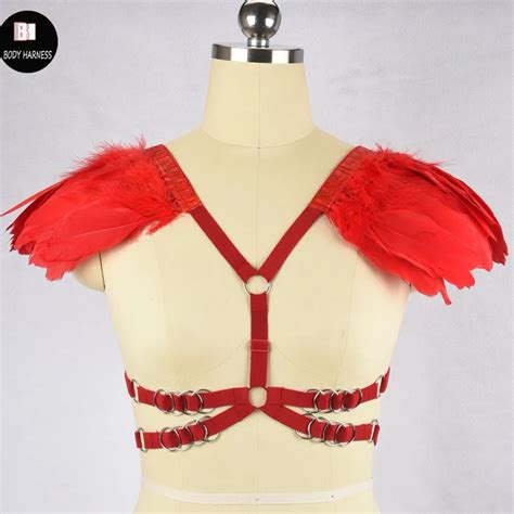 Women New Red Feather Body Harness Sexy Wing Bondage Lingerie Cage Bra Fetish Wear Body Harness