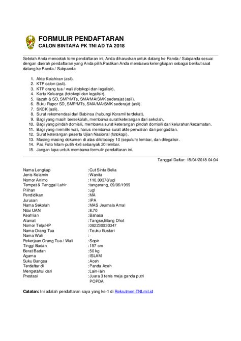 Pdf formulir pendaftaran calon tamtama pk tni ad ta 2017. Contoh Surat Pendaftaran Tni Ad - Kumpulan Contoh Surat dan Soal Terlengkap