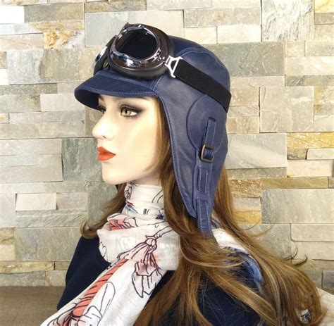 Steampunk aviator hat and goggles. Blue Leather Aviator Hat Motorcycle Helmet Steampunk Pilot ...