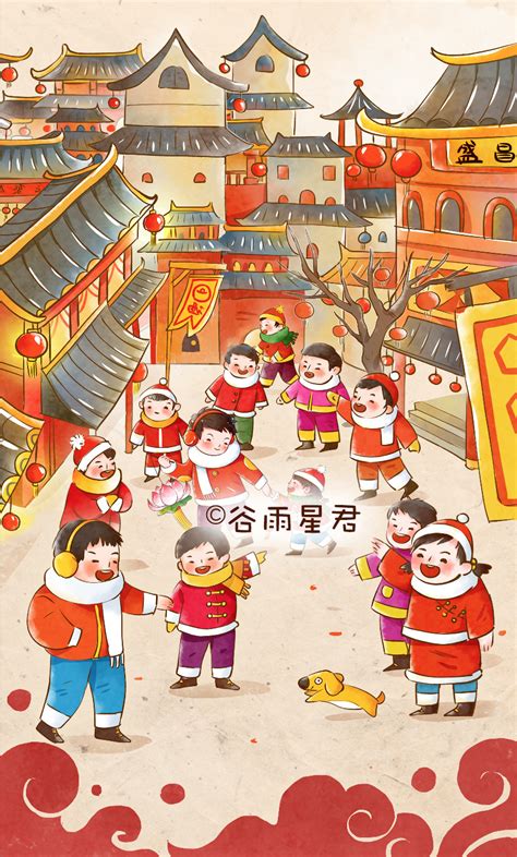 春节年俗（三）初六~初十 插画 商业插画 谷雨星君 原创作品 站酷 zcool