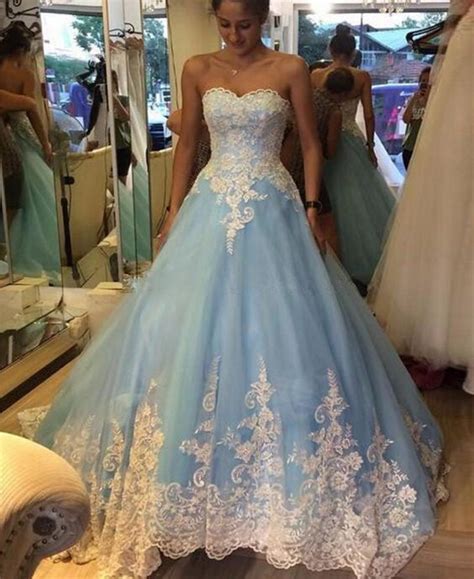 White Lace Light Blue Ball Gown Prom Dresses High Quality Quinceanera