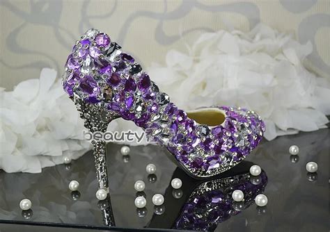 Handmade Ladys Luxurious Beautiful Purple Crystal Wedding Shoes Bridal