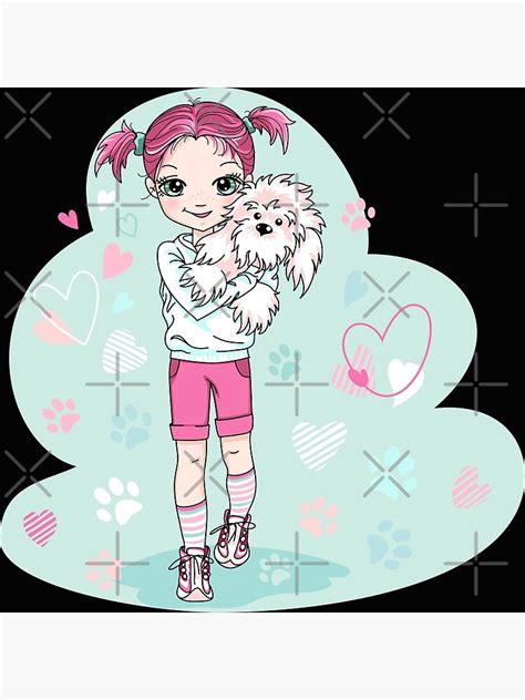 Funny Anime Lovely Young Girl With Cute Maltese Dog Poster For Sale
