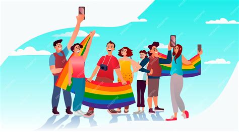 Premium Vector People With Lgbt Rainbow Flags Standing Together Gay Lesbian Love Parade Pride
