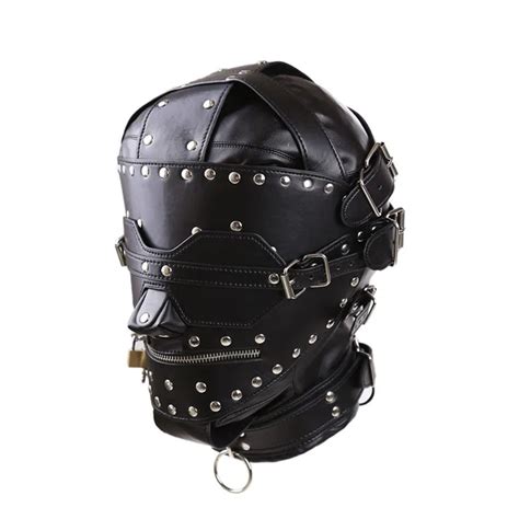 pu leather bdsm bondage mask full head harness fetish with blindfold and zipper locking sex