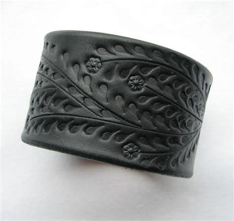 Wide Black Leather Cuff Bracelet Floral Vine By Aosleather