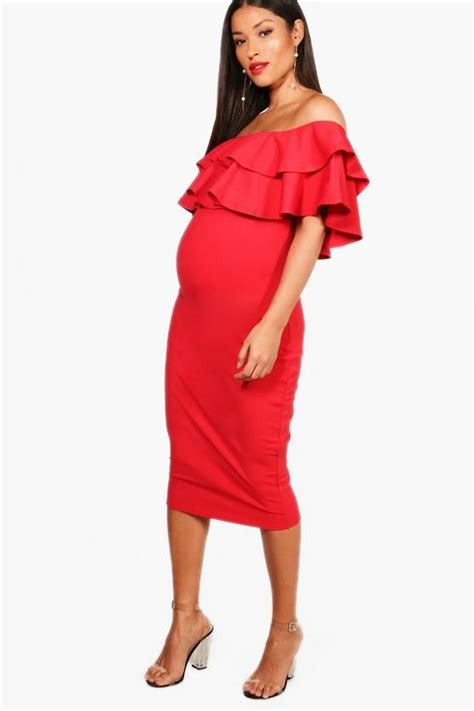 Maternity Ruffle Off The Shoulder Midi Dress Maternity Shops Maternity