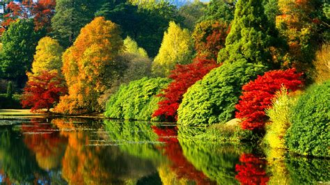 Green Red Yellow Autumn Leafed Trees Reflection On Lake Park Hd Nature