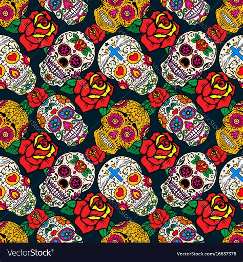 Seamless Pattern With Sugar Skulls And Roses Dead Vector Image