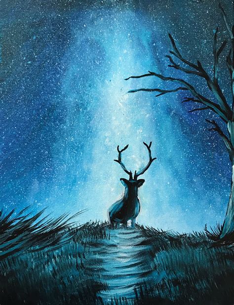 Original Night Sky With Deer Acrylic Painting 11 X 14 Etsy