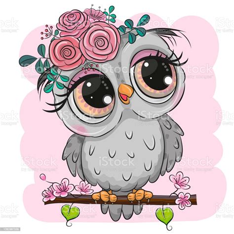 Cartoon Owl With Flowers Is Sitting On A Branch Stock Illustration