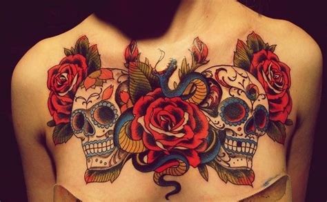 Color Sugar Skulls And Red Roses Tattoos On Chest