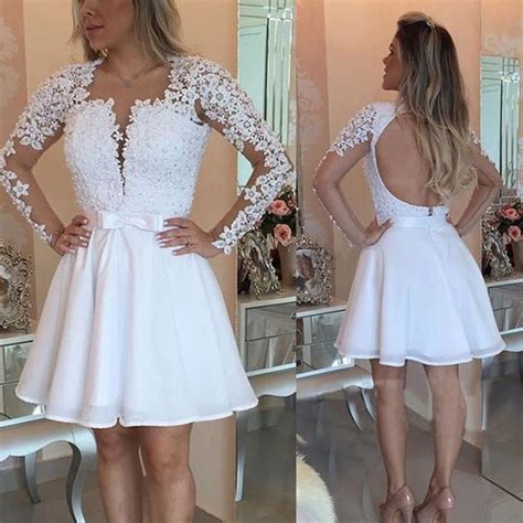 Alexzendra Short White Prom Dresses 2019 Long Sleeves Pearls Applique