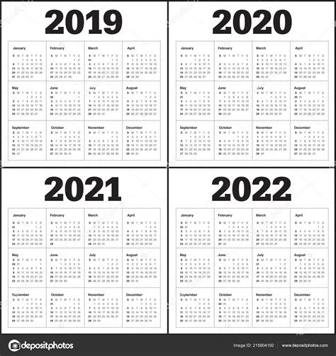 Simple Calendar Template For 2017 To 2021 Stock Vector