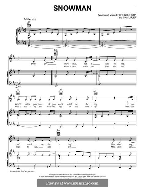 Who'll carry me without legs to run, honey? Snowman (Sia) by G. Kurstin, S. Furler - sheet music on ...