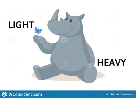 Words Light And Heavy Flashcard With Cartoon Animal Characters