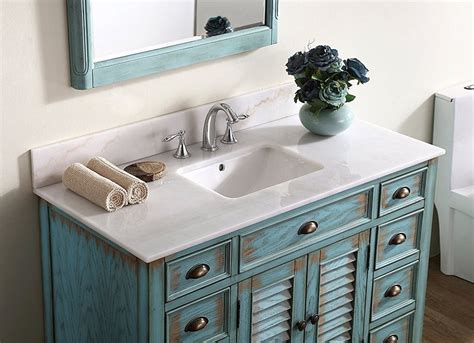 A double sink bathroom vanity with makeup table gives the space a further function. 46" Benton Collection Distressed blue Abbeville Bathroom ...