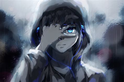 Download 2560x1700 Anime Boy Hoodie Blue Eyes Headphones Painting Wallpapers For Chromebook