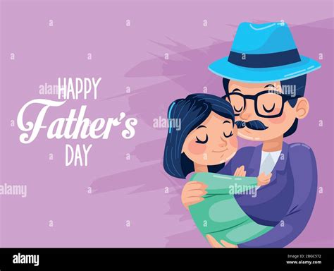 Happy Fathers Day Card With Hipster Dad Carring Daughter Stock Vector Image And Art Alamy
