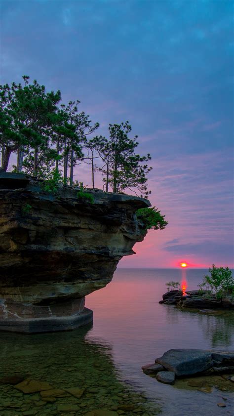 Free Download Michigan Lake Huron Sunset Rock Trees Landscape Wallpaper