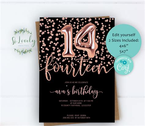 Glitter Invite Rose Gold Invitation Digital Instant Download Editable Teen Girl 14th Birthday