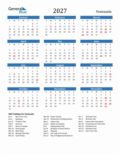 2027 Venezuela Calendar With Holidays