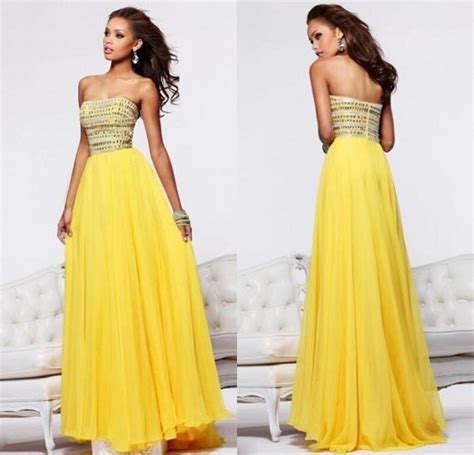 Sexy A Line Strapless Chiffon Long Yellow Prom Dresses Ad084 In Prom