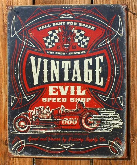 Vintage Evil Speed Shop Tin Sign Hot Rod Race Car Garage Devil Pin Stripe